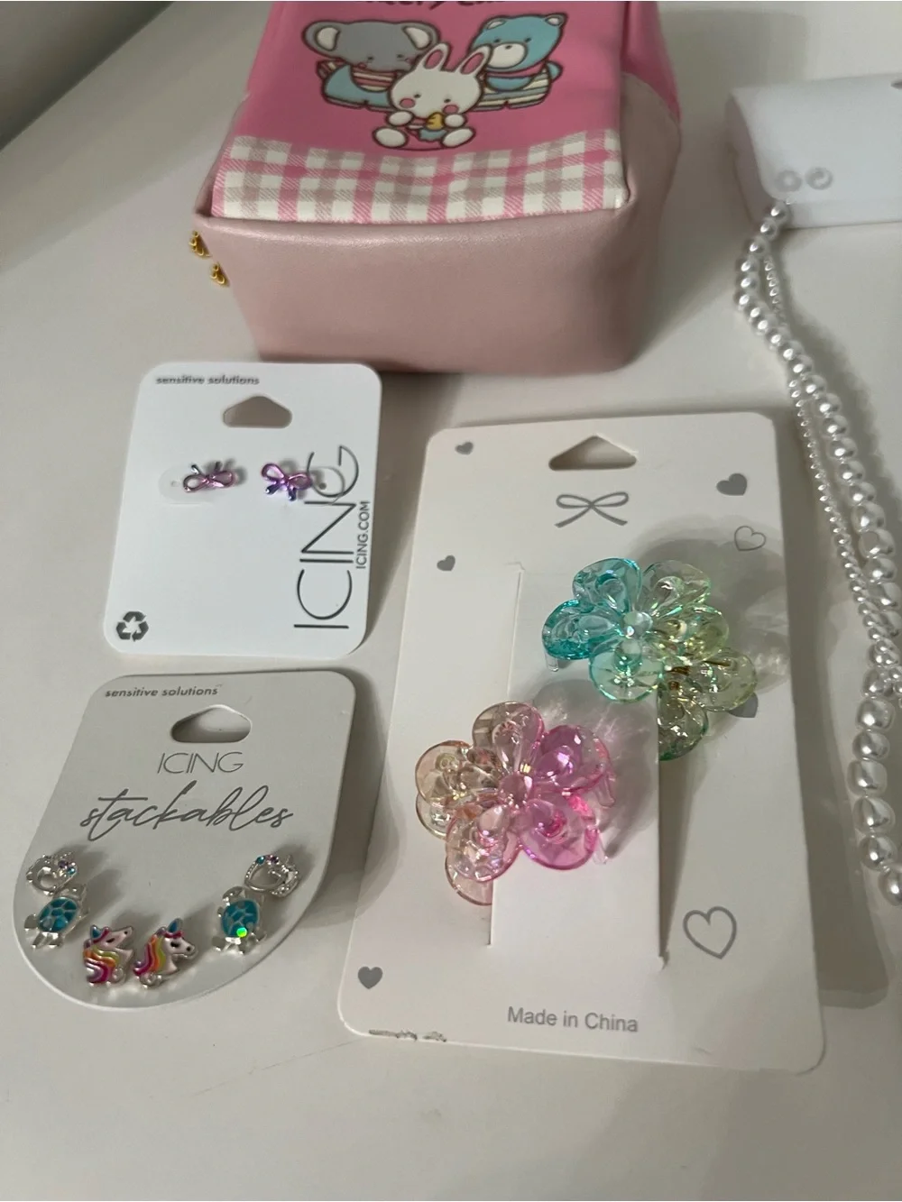 Icing Pink Cherry Charm Pouch with Pearl Necklace & Colorful Hair Clips
